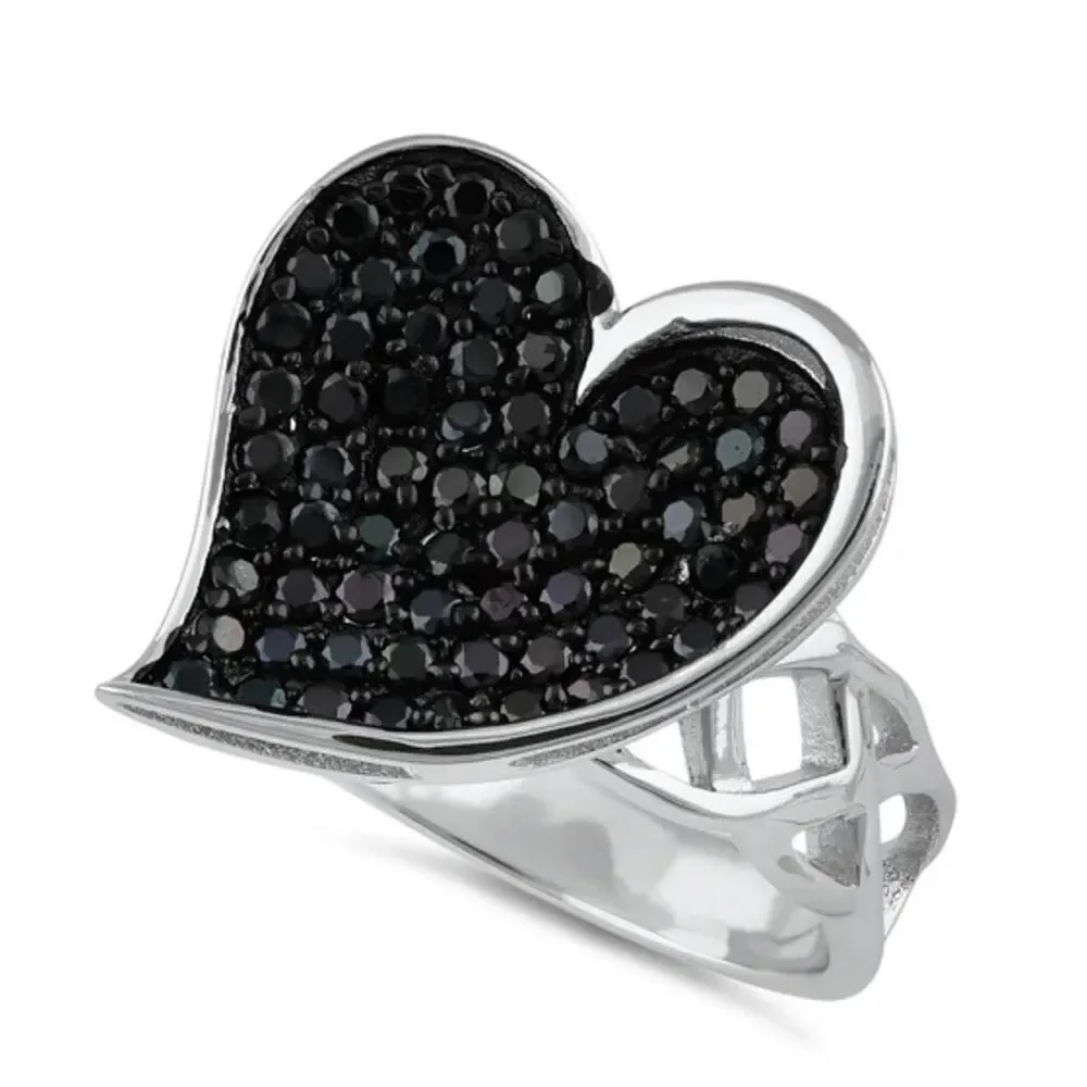 Sterling Silver CZ Black Heart Fine Ring – Elegant Contrast & Intricate Design
